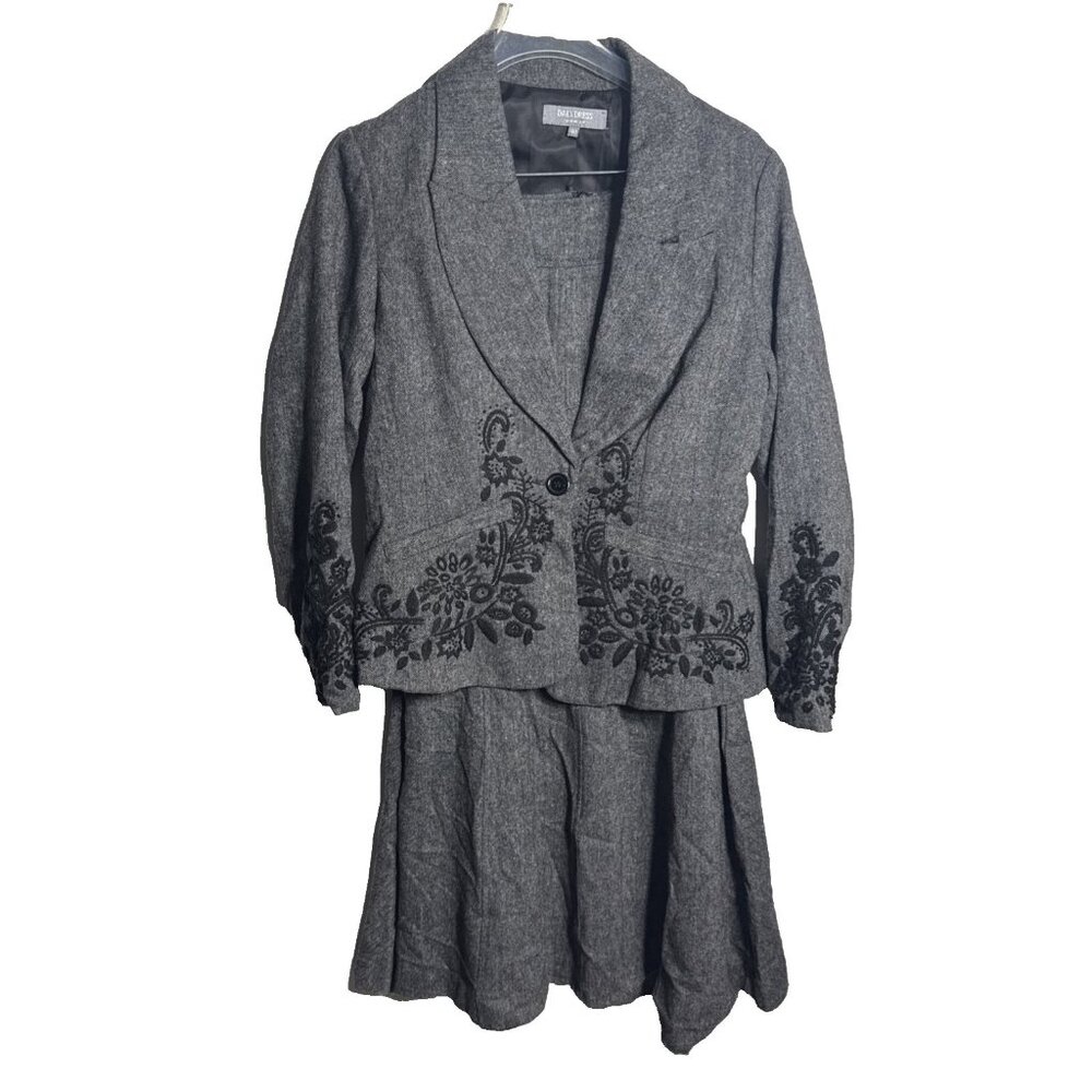 Vintage DalyDress Woman Suit Blazer Mermaid Skirt Set Sz 38/40 Gray Embroidered
